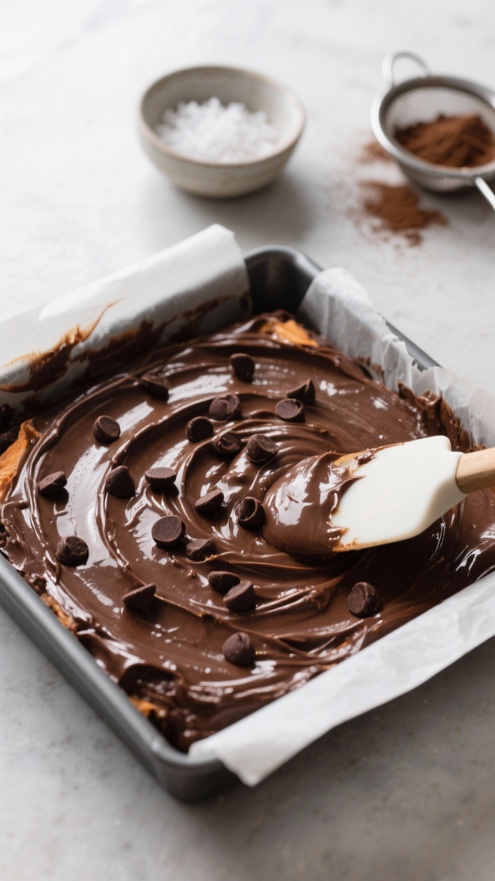 Cooking process – batter stage: Close-up detail of thick, glossy sweet potato brownie batter being