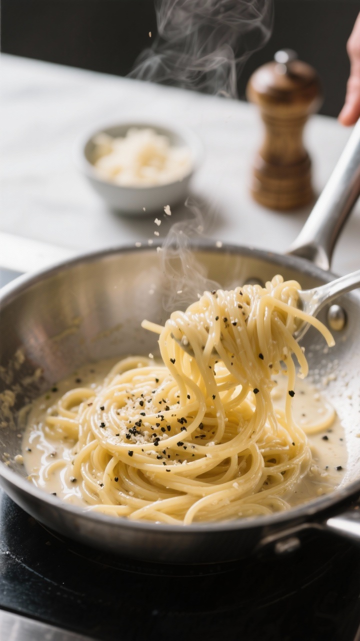 Cooking process – Cacio e Pepe: Close-up of glossy spaghetti being vigorously tossed in a wide sta