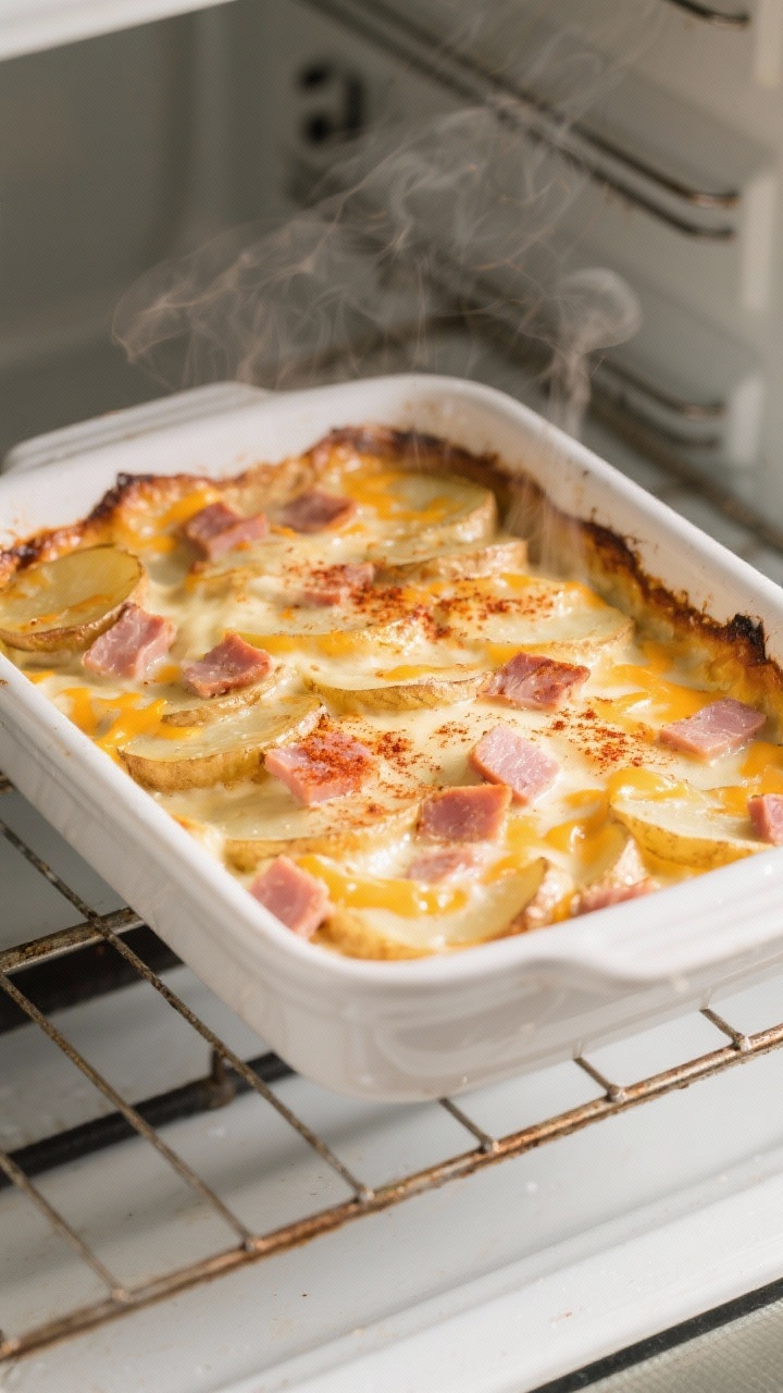 Cooking process: Cheesy ham and potato casserole mid-bake, uncovered 20 minutes before done, overhea