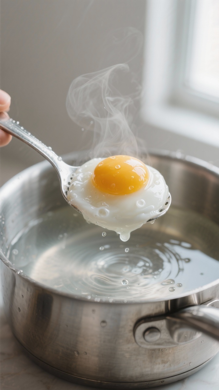 Cooking process close-up: A just-poached egg being lifted from gently simmering water with a slotted