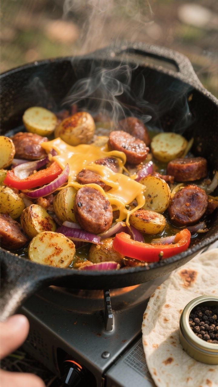 Cooking process close-up: Cast-iron skillet sausage hash sizzling over a camp stove, golden-crisp ba