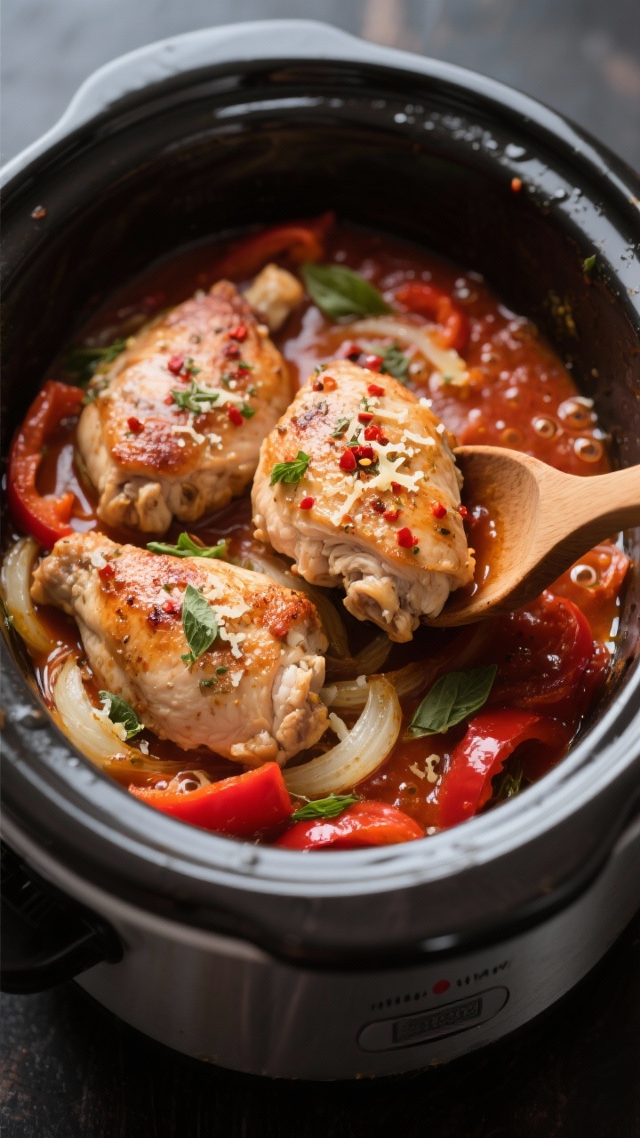 Cooking process close-up: Crockpot filled with seared boneless chicken thighs nestled on a bed of so