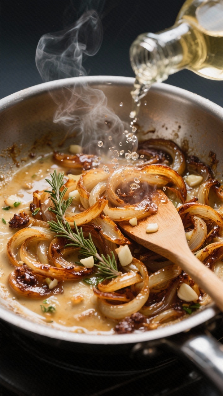 Cooking process close-up: Deeply caramelized onions in a wide stainless skillet, glossy and golden-b
