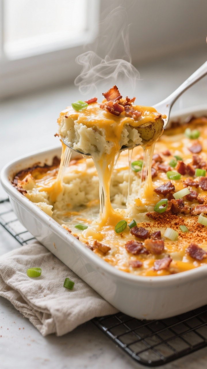 Cooking process, close-up detail – A 9x13-inch baking dish of loaded baked potato casserole just p