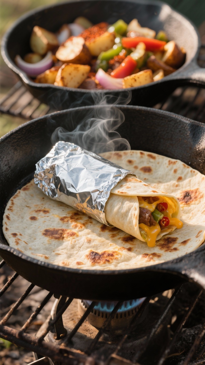 Cooking process, close-up detail: A cast-iron skillet over a camp stove with foil-wrapped breakfast 