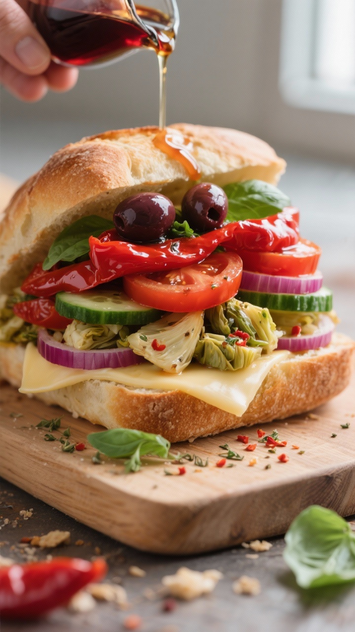 Cooking process, close-up detail: Close-up of marinated veggie stack for a vegetarian Italian sandwi