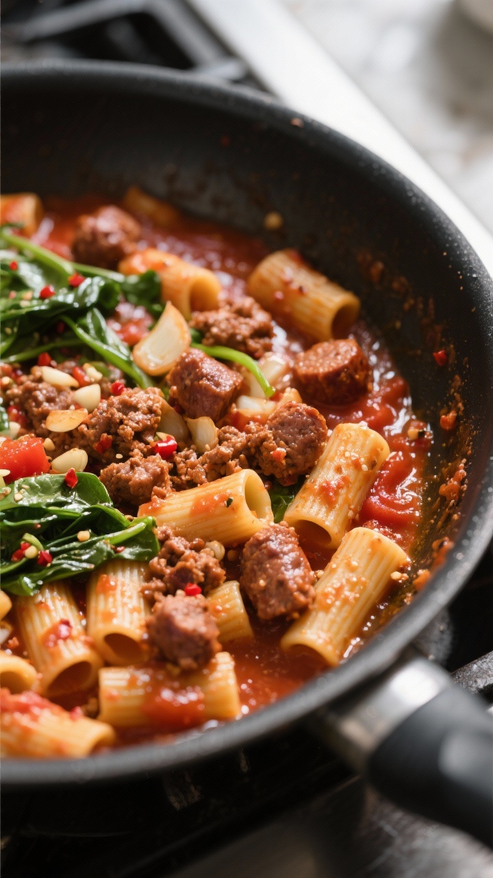 Cooking process, close-up detail: Deep skillet scene of one-pot Italian sausage pasta mid-simmer. Cr