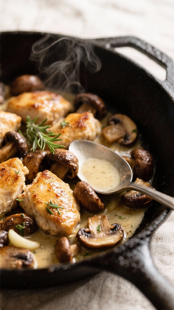 Cooking process, close-up detail: Golden-brown chicken chunks nestled among deeply browned cremini a