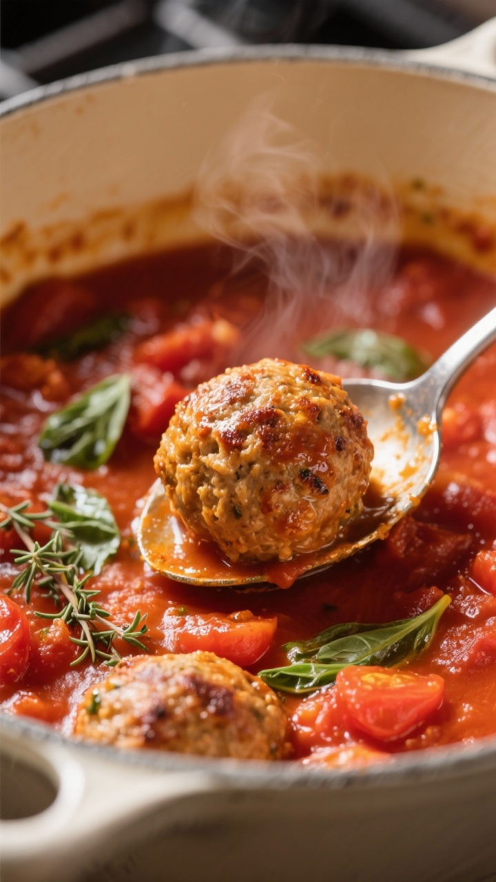 Cooking process, close-up detail: Golden-browned Italian meatballs finishing in a gently simmering t