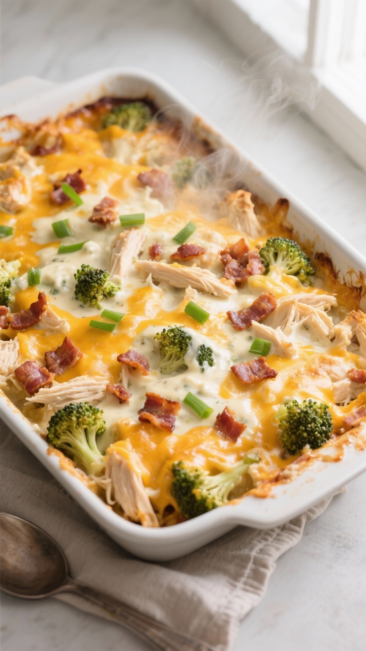 Cooking process, close-up detail: Golden, bubbling Keto Chicken Bacon Ranch Casserole just out of th