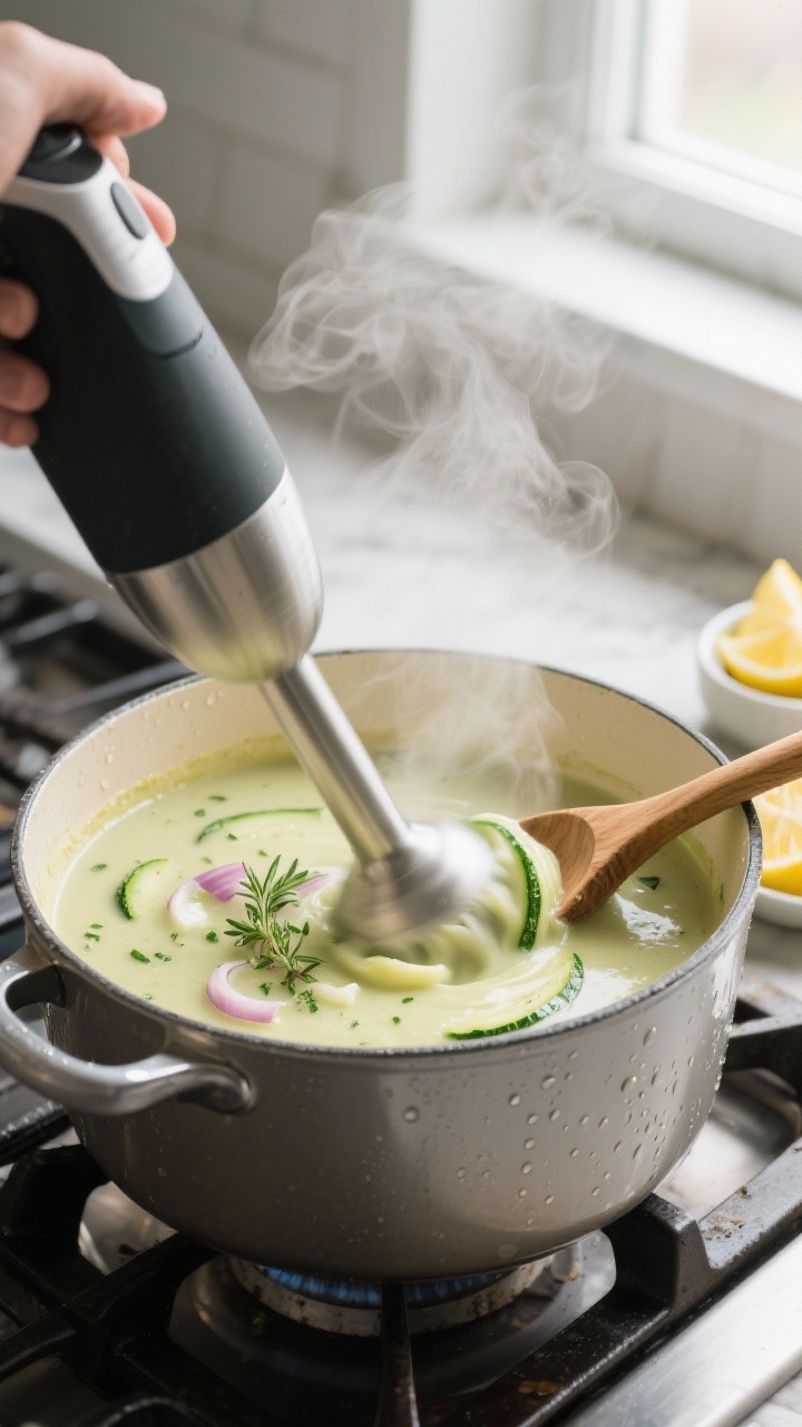 Cooking process, close-up detail: Immersion blender whirling through a pot of simmered zucchini soup