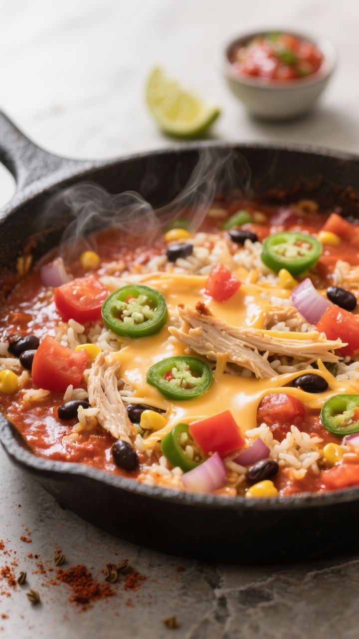 Cooking process, close-up detail: In-skillet Southwest chicken casserole base simmering just before
