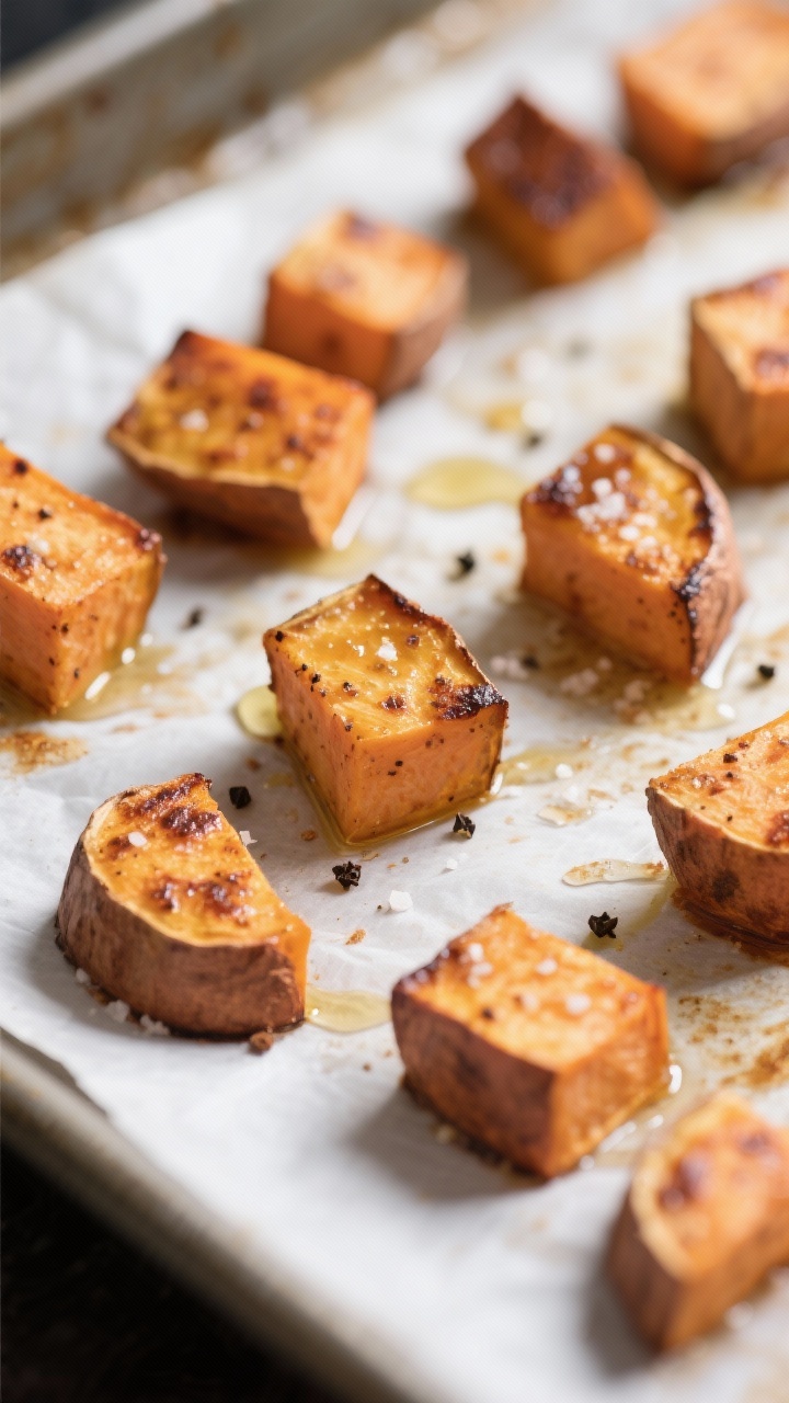Cooking process, close-up detail: Roasted sweet potato cubes mid-bake on a parchment-lined sheet pan