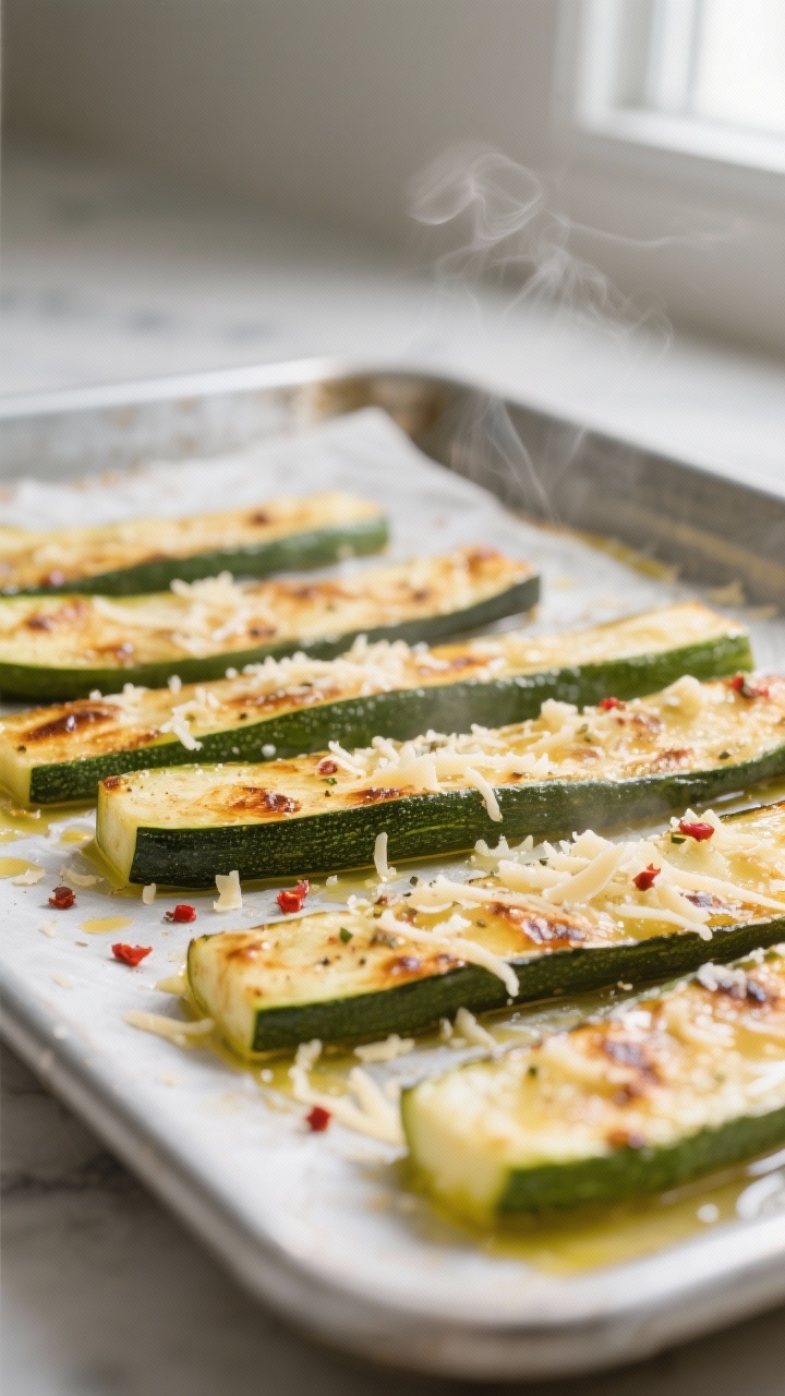Cooking process, close-up detail: Roasted zucchini batons arranged cut-side down on a parchment-line
