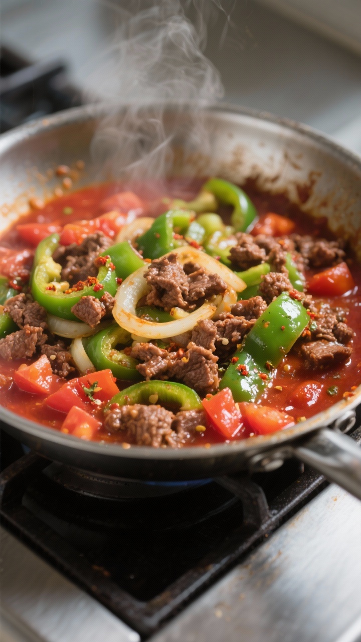 Cooking process, close-up detail: Sautéed green bell peppers and onions nestled with browned, crumb