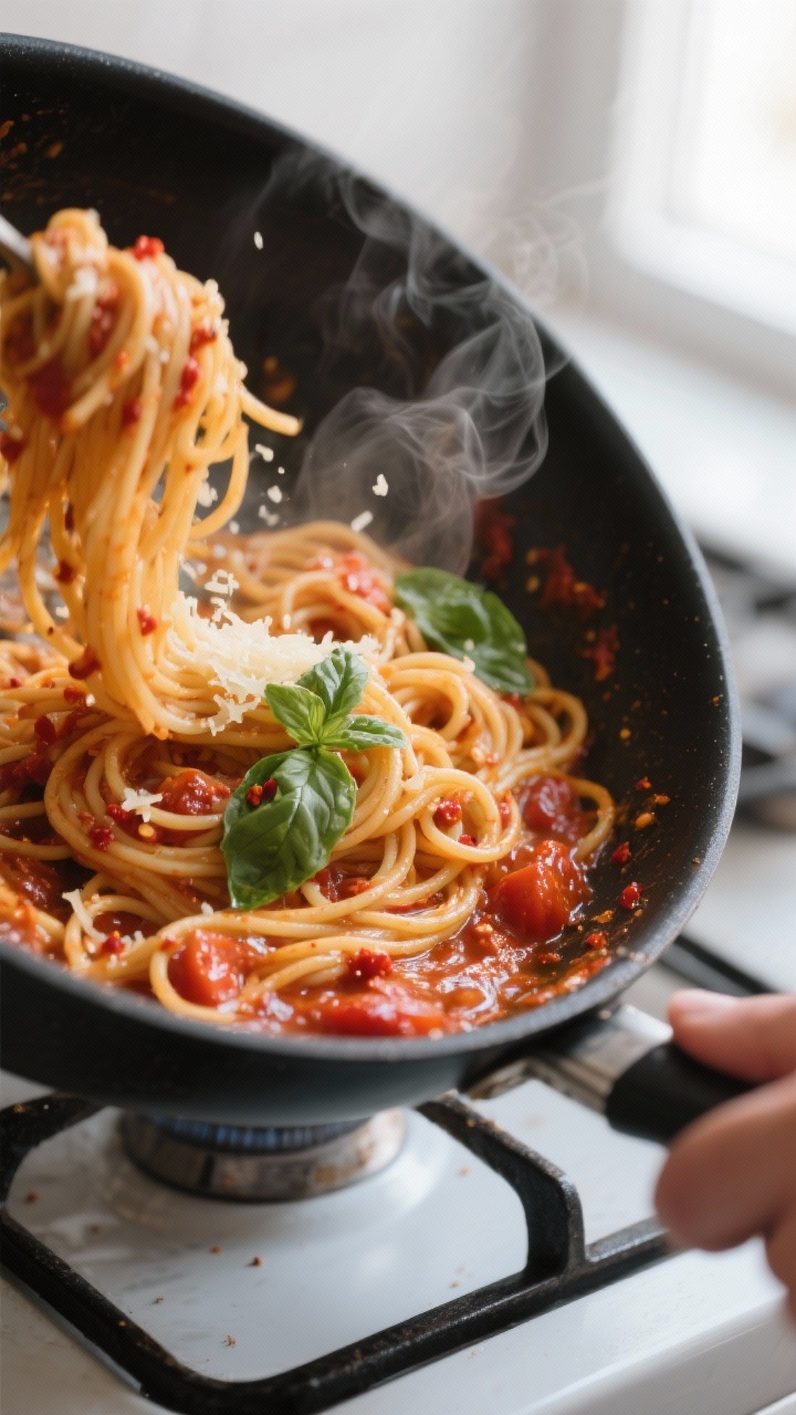 Cooking process, close-up detail: Silky spaghetti being tossed in a wide skillet with a glossy tomat