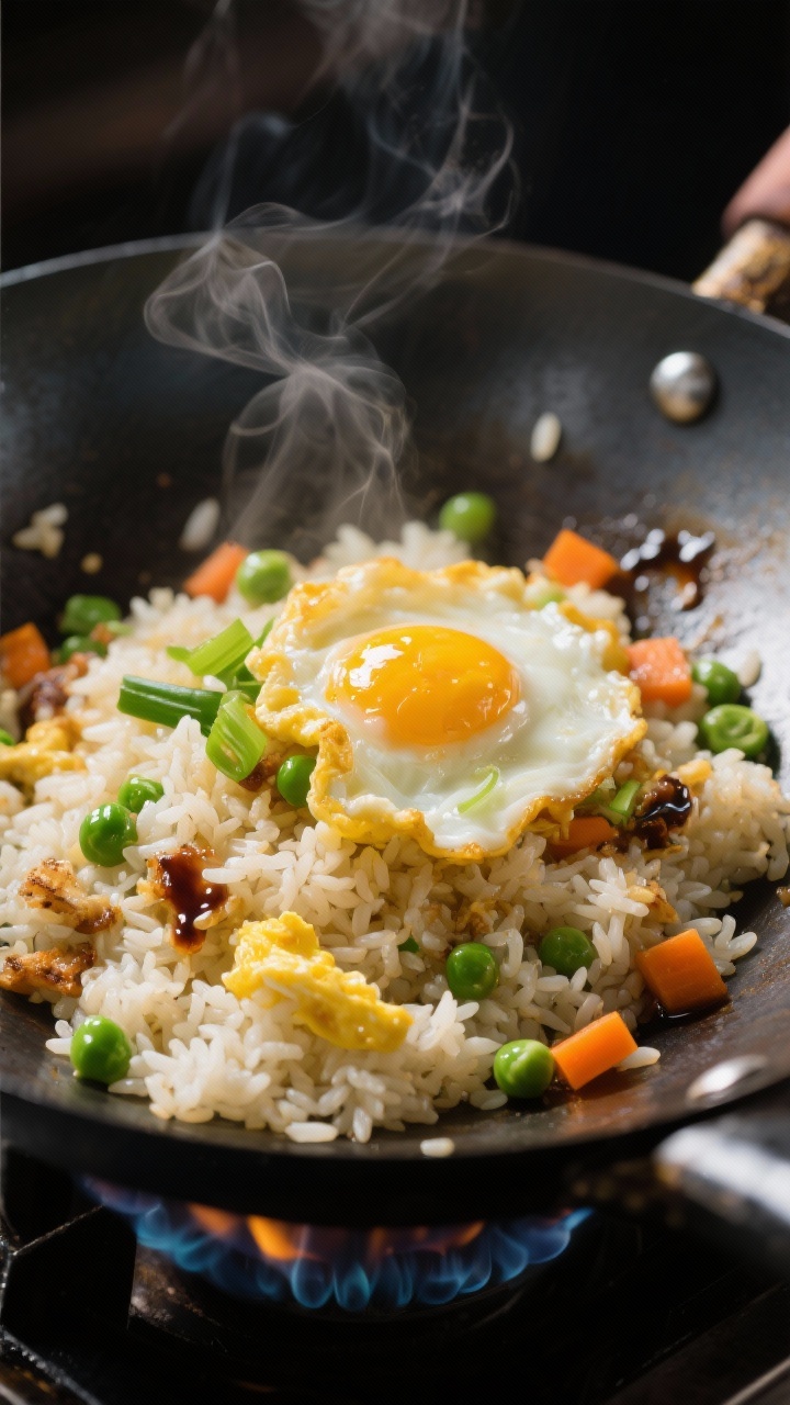 Cooking process, close-up detail: Wok-tossed egg fried rice mid-cook over high heat, close-up of flu