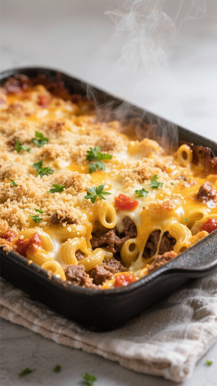 Cooking process close-up: Golden, bubbling beef mac and cheese casserole just pulled from the oven, 