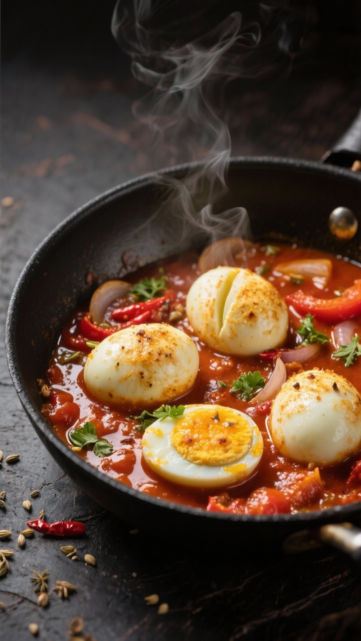 Cooking process close-up: In a heavy skillet, golden pan-fried hard-boiled eggs with faint turmeric-