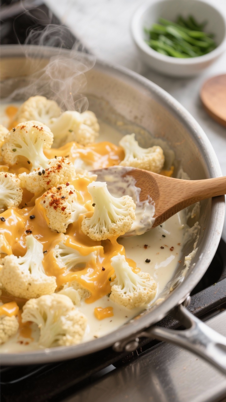 Cooking process close-up: In a stainless-steel skillet, just-cooked cauliflower florets being gently