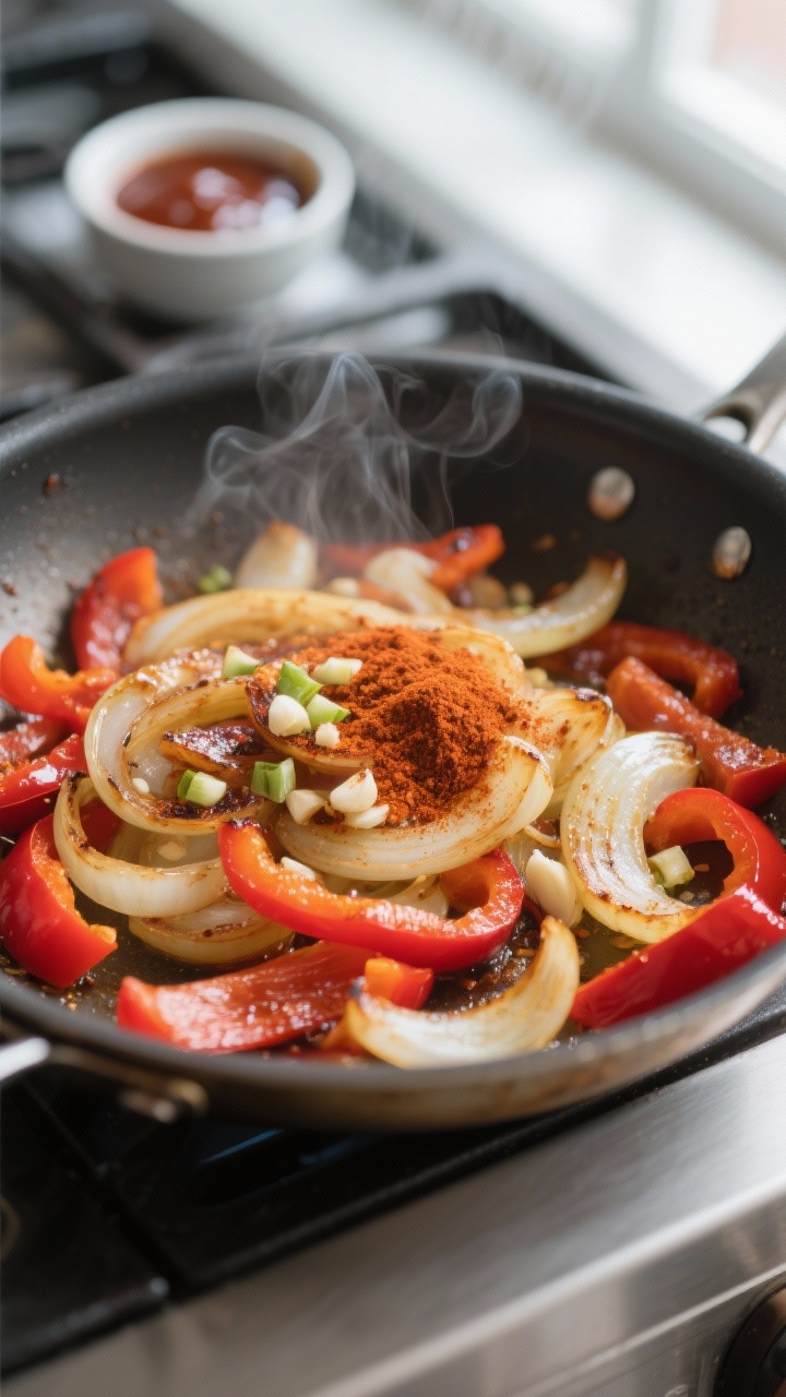Cooking process close-up: Sautéed onions and red bell peppers in a stainless skillet, lightly caram