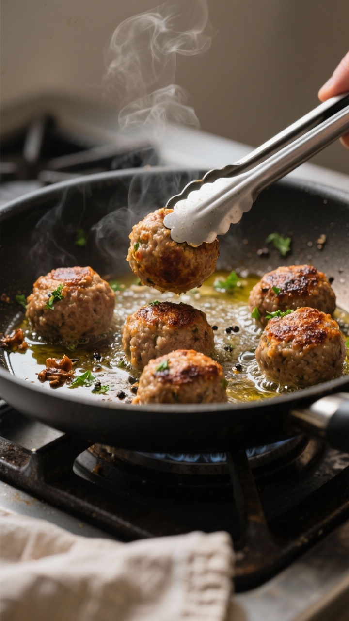 Cooking process close-up: Searing Italian meatballs in a large skillet filmed with olive oil, golden
