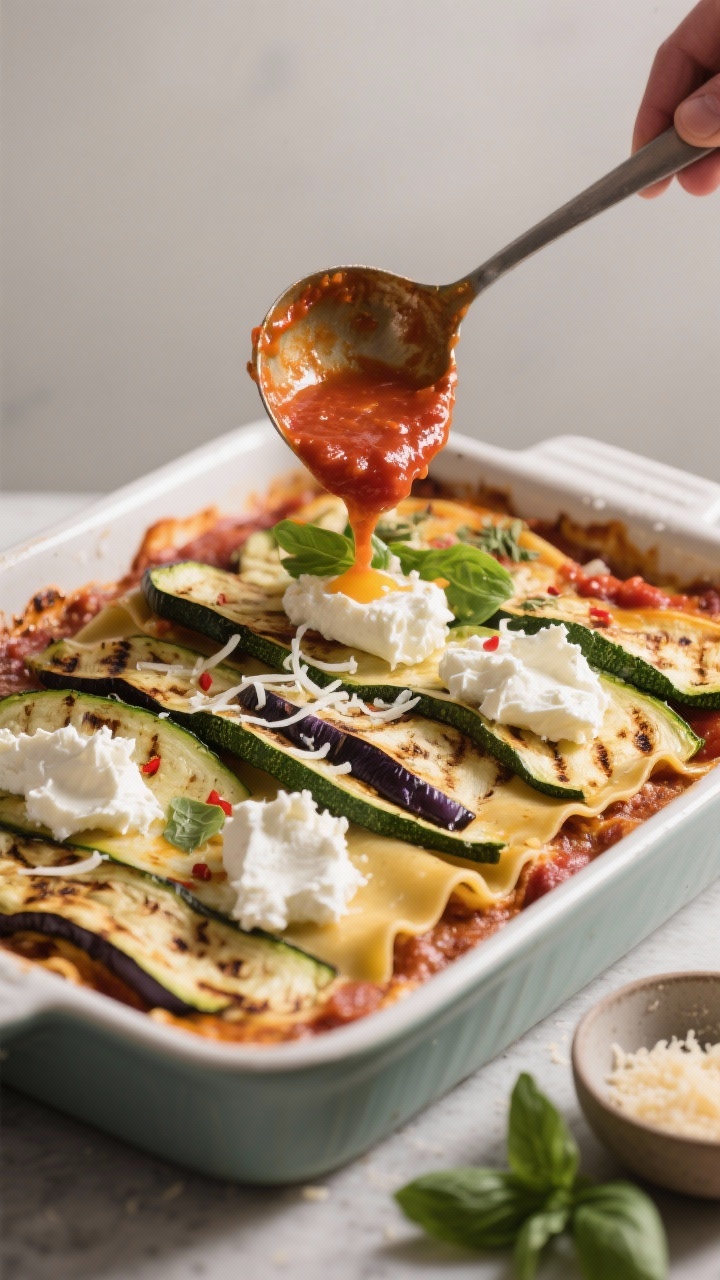 Cooking process close-up: Sliced, roasted eggplant and zucchini layers being assembled into an eggpl