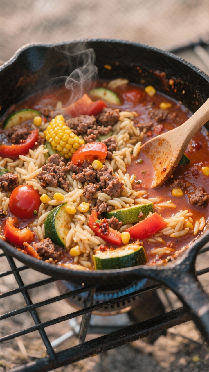 Cooking process — One-pot camping skillet at a gentle simmer over a camp stove: overhead shot of a