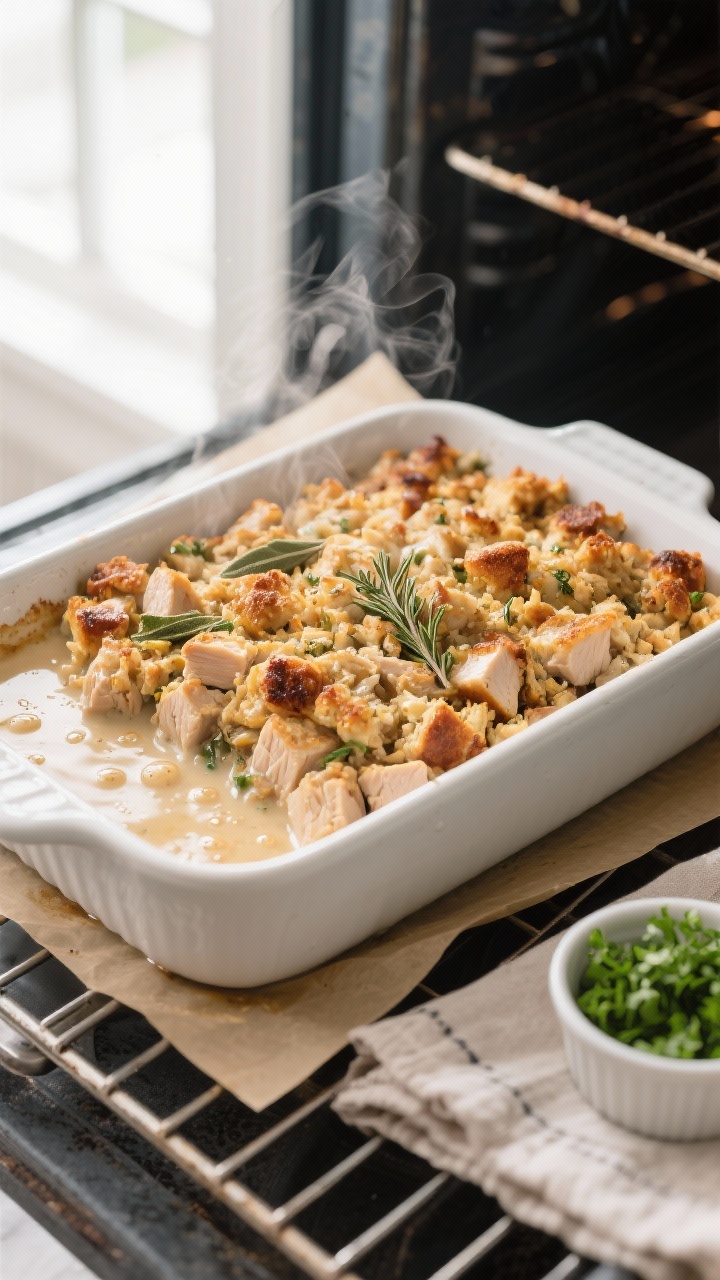 Cooking process, overhead action shot: A 9x13 white ceramic casserole dish on a parchment-lined baki