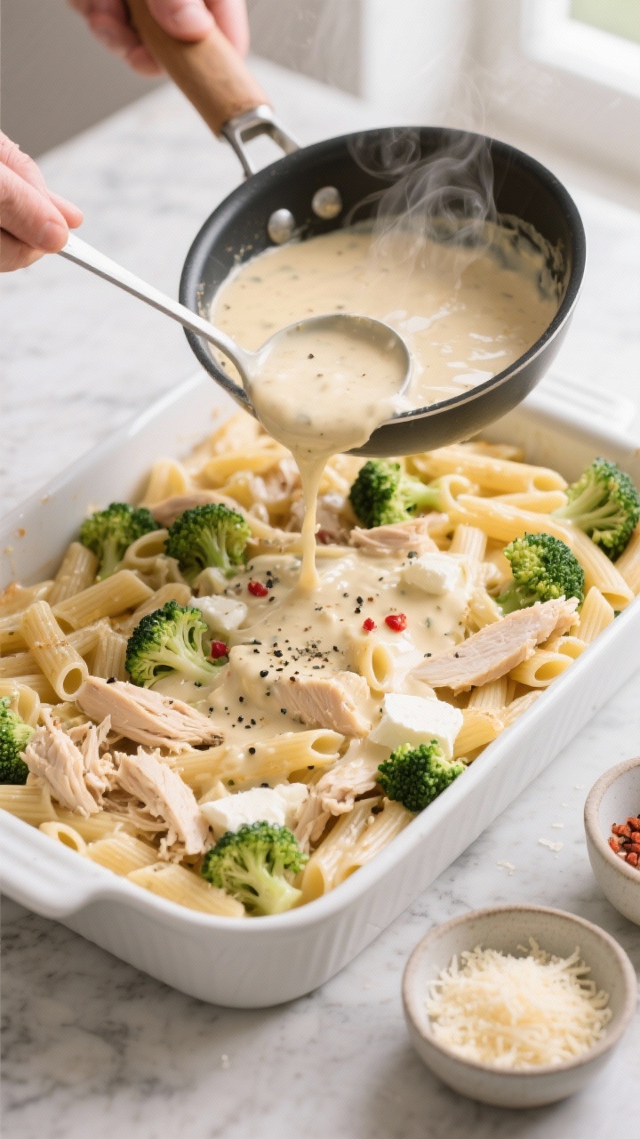 Cooking process, overhead action shot: Creamy Chicken Alfredo Casserole being assembled in a 9x13 wh