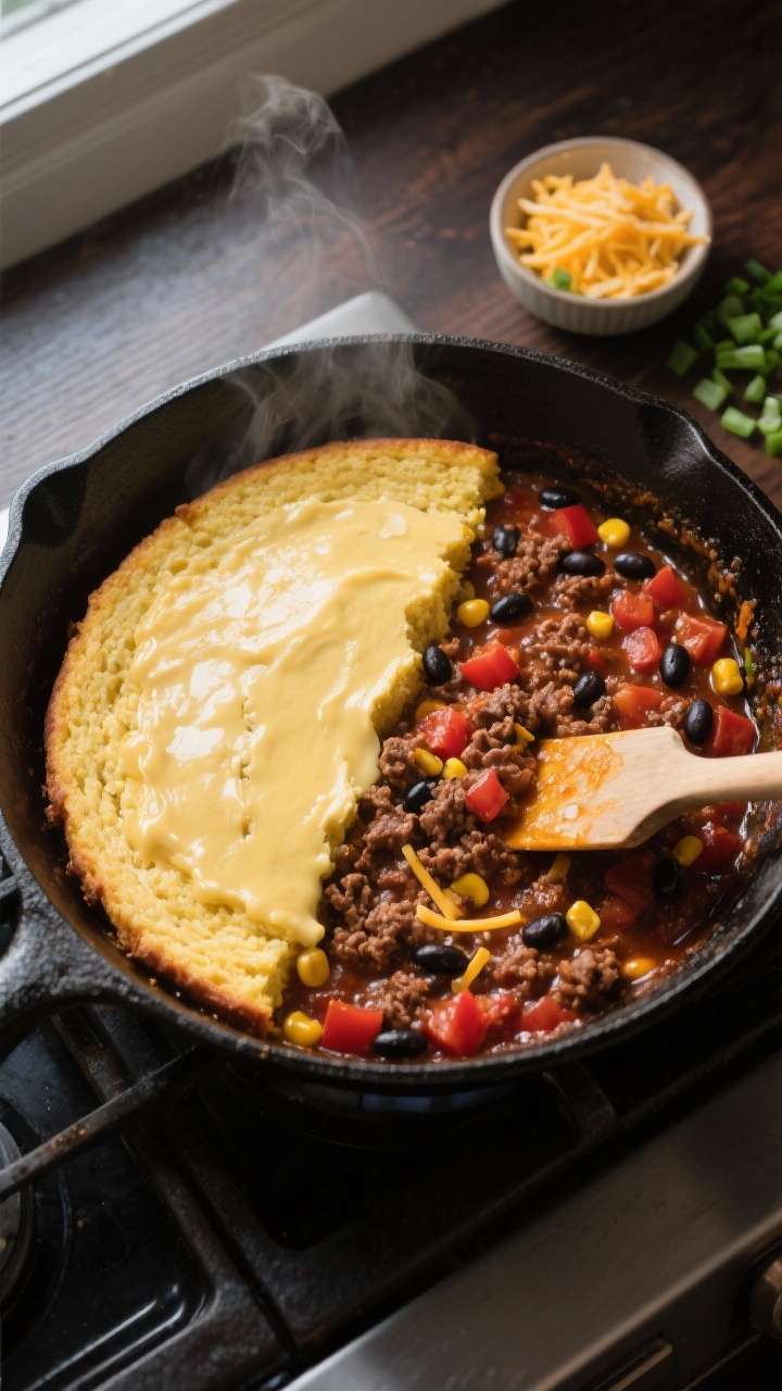 Cooking process, overhead: Cornbread Chili Casserole in a black cast-iron skillet on a stovetop-oven