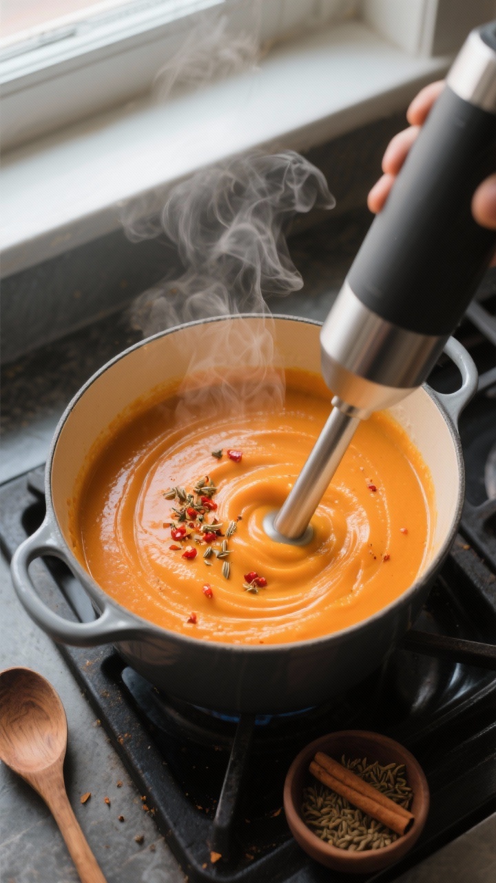 Cooking process, overhead: Overhead shot of sweet potato carrot soup being blended smooth directly i