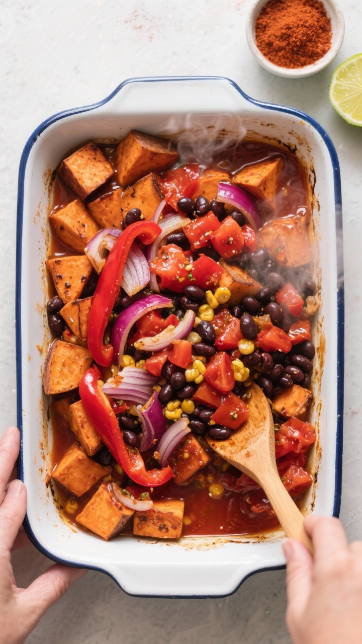 Cooking process, overhead shot: A 9x13-inch baking dish of partially roasted sweet potato cubes bein