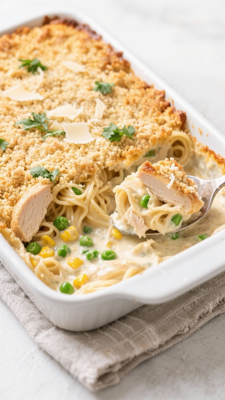 Final baked casserole, overhead: Tasty top view of a 9x13 casserole just out of the oven, noodles an