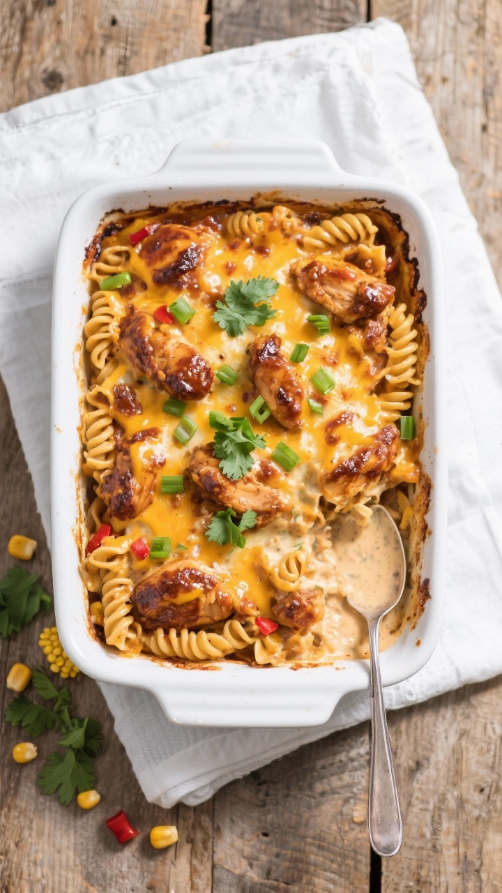 Final casserole hero shot, overhead: BBQ chicken casserole in a 9x13 white baking dish, bubbly melte