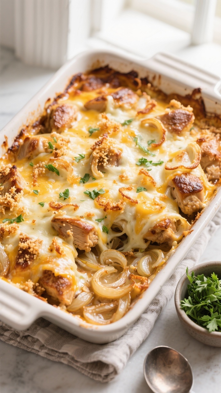 Final casserole top view: Overhead shot of French Onion Chicken Casserole just out of the oven in a 