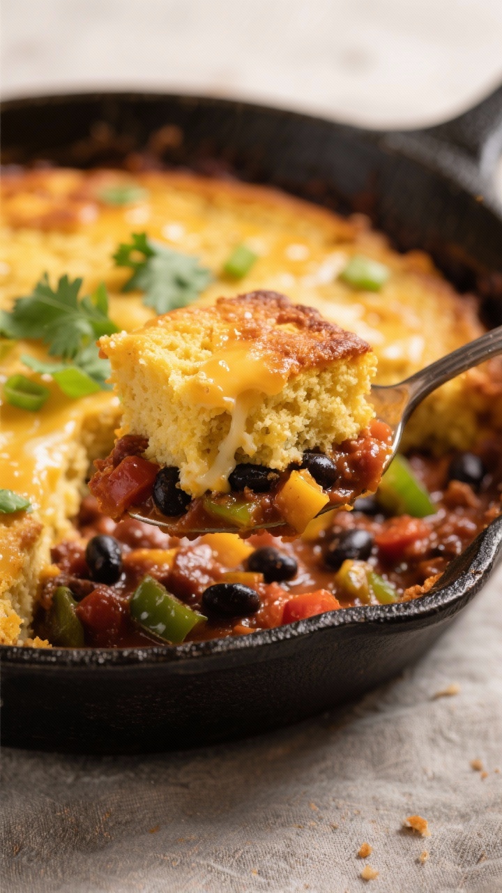 Final dish, close-up detail: A spoonful scoop-out of Cornbread Chili Casserole revealing the cross-s
