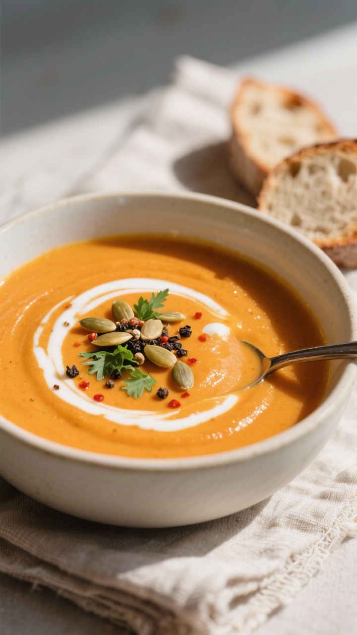 Final dish, close-up detail: Close-up of a ladled bowl of sweet potato carrot soup with a thick, cre