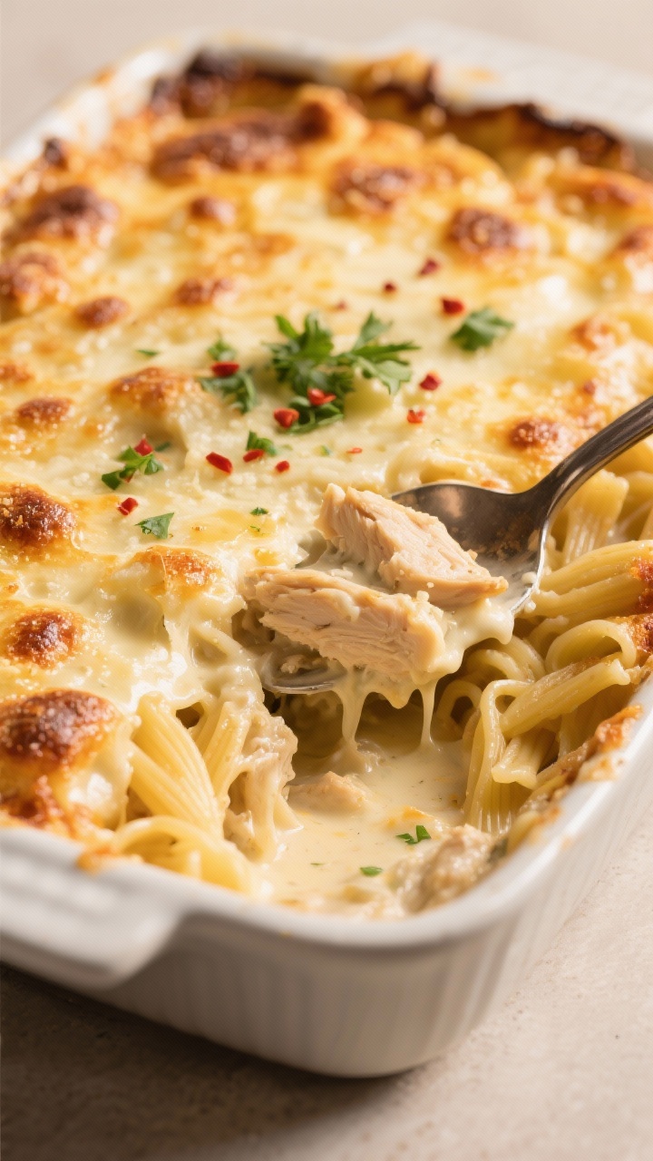 Final dish, close-up detail: Golden, bubbly Chicken Alfredo Casserole fresh from the oven with a lig