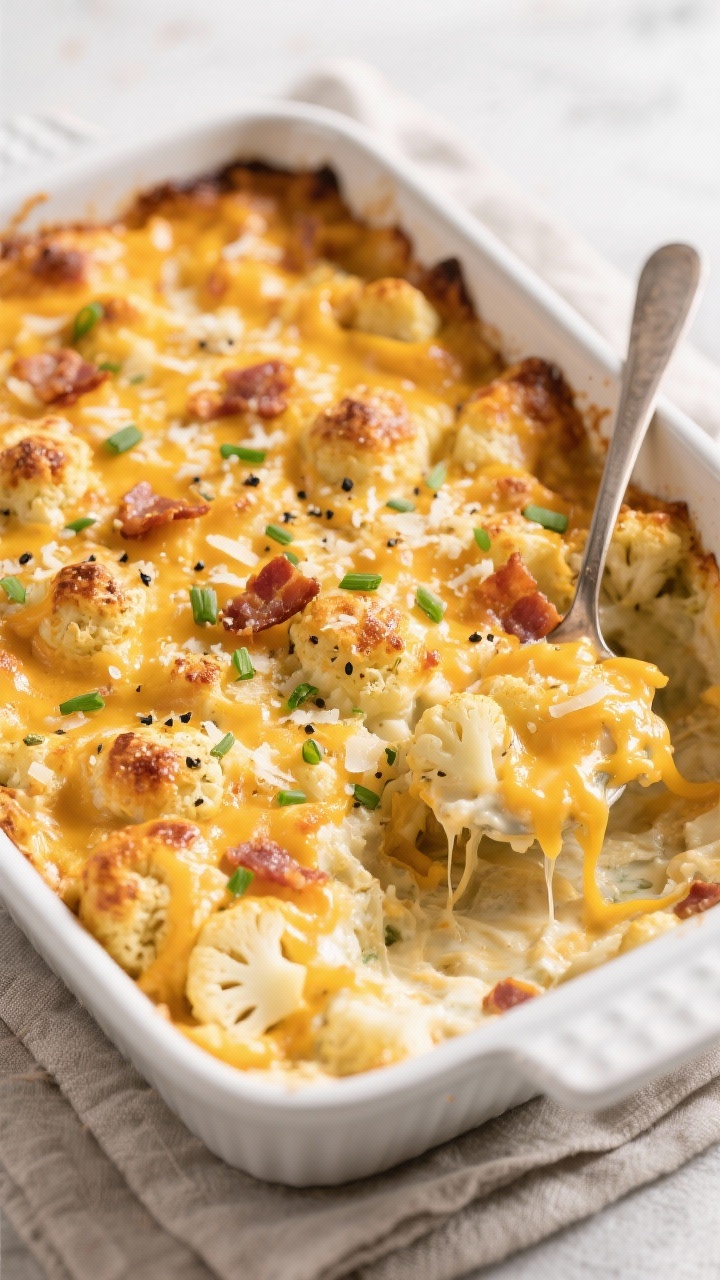 Final dish overhead: Golden, bubbling Cheesy Cauliflower Casserole in a 9x13 white ceramic baking di