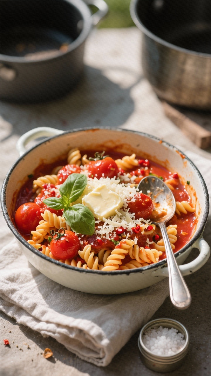 Final dish overhead: One-pot tomato pasta served in an enamel camp bowl, glossy red sauce clinging t