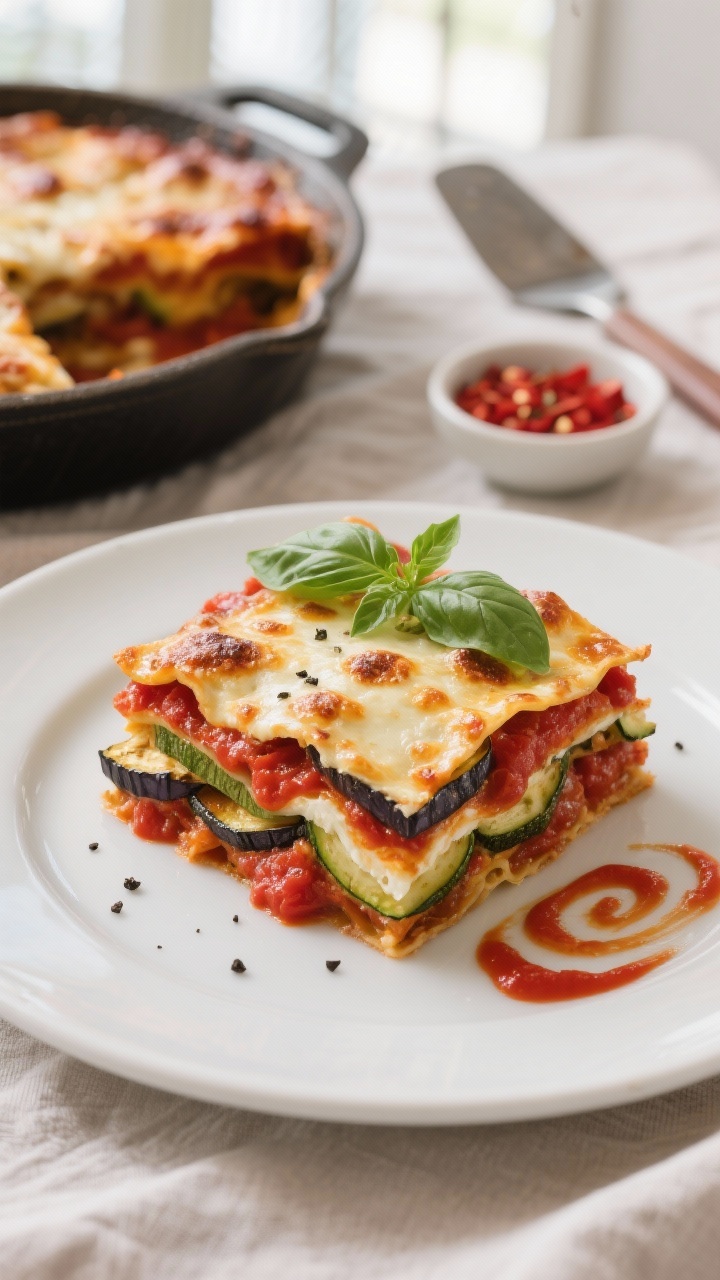 Final dish overhead: Overhead shot of a neatly sliced piece of eggplant zucchini lasagna on a matte 