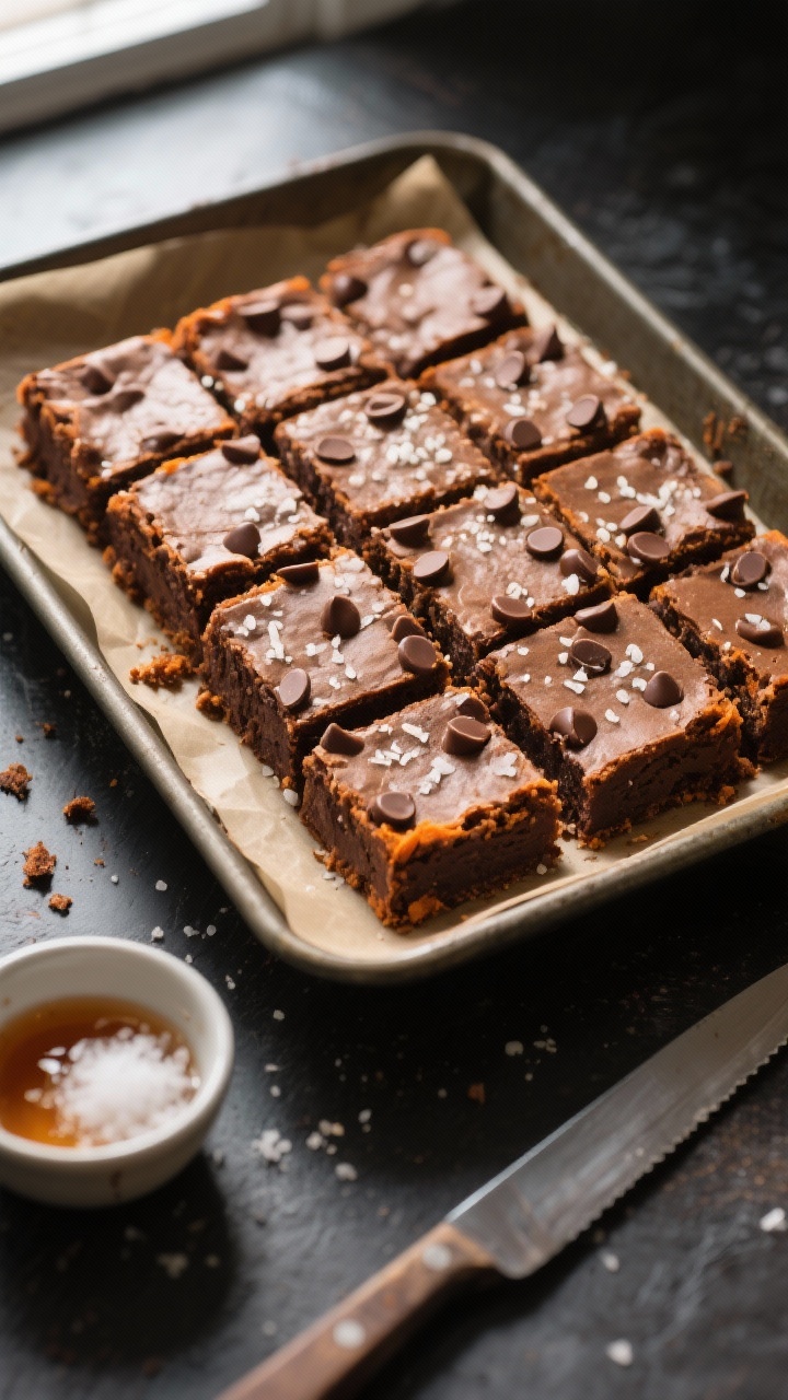 Final dish – overhead presentation: Overhead shot of sliced sweet potato brownies lifted from the
