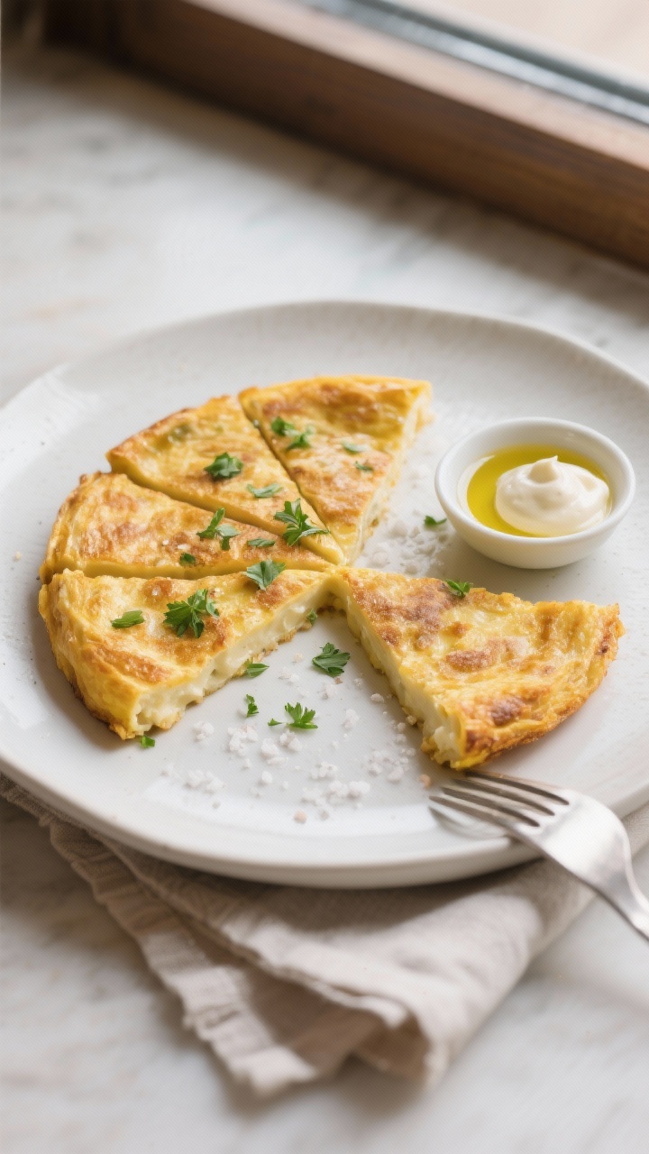 Final dish, overhead presentation: Thick, golden Spanish tortilla sliced into neat wedges on a matte