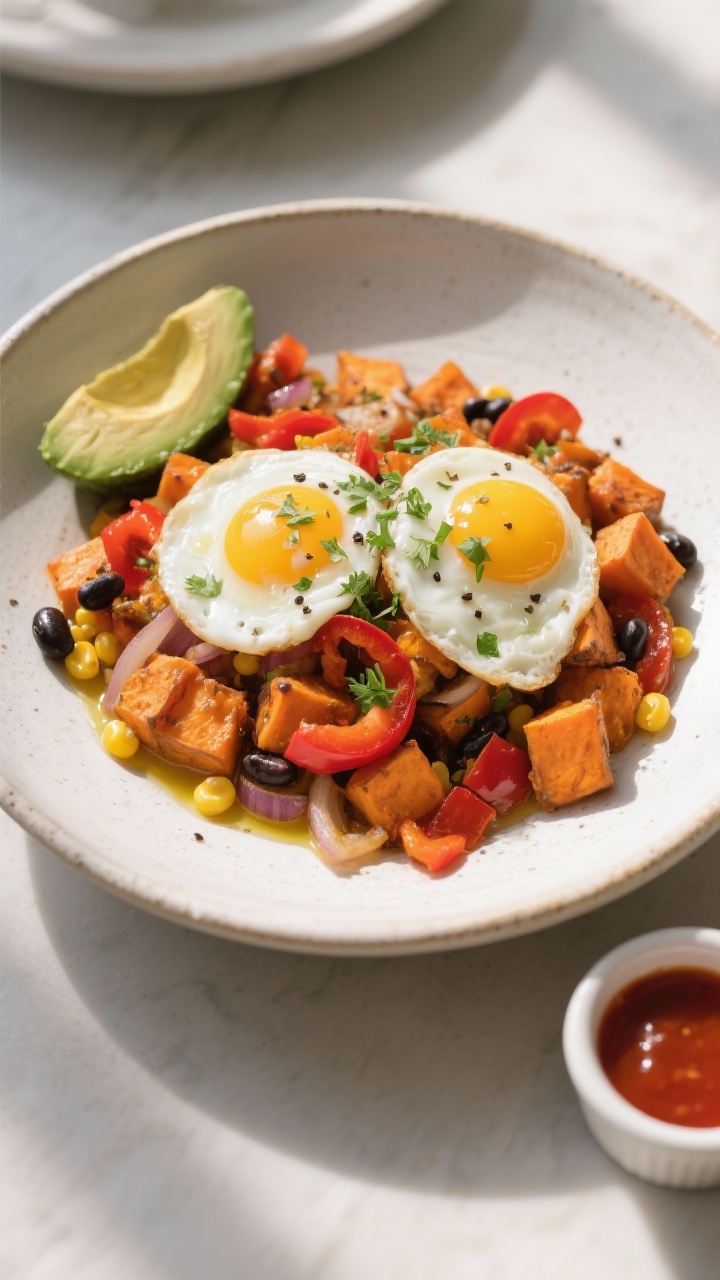 Final dish, : Overhead shot of a beautifully plated sweet potato hash in a wide, white stoneware bow