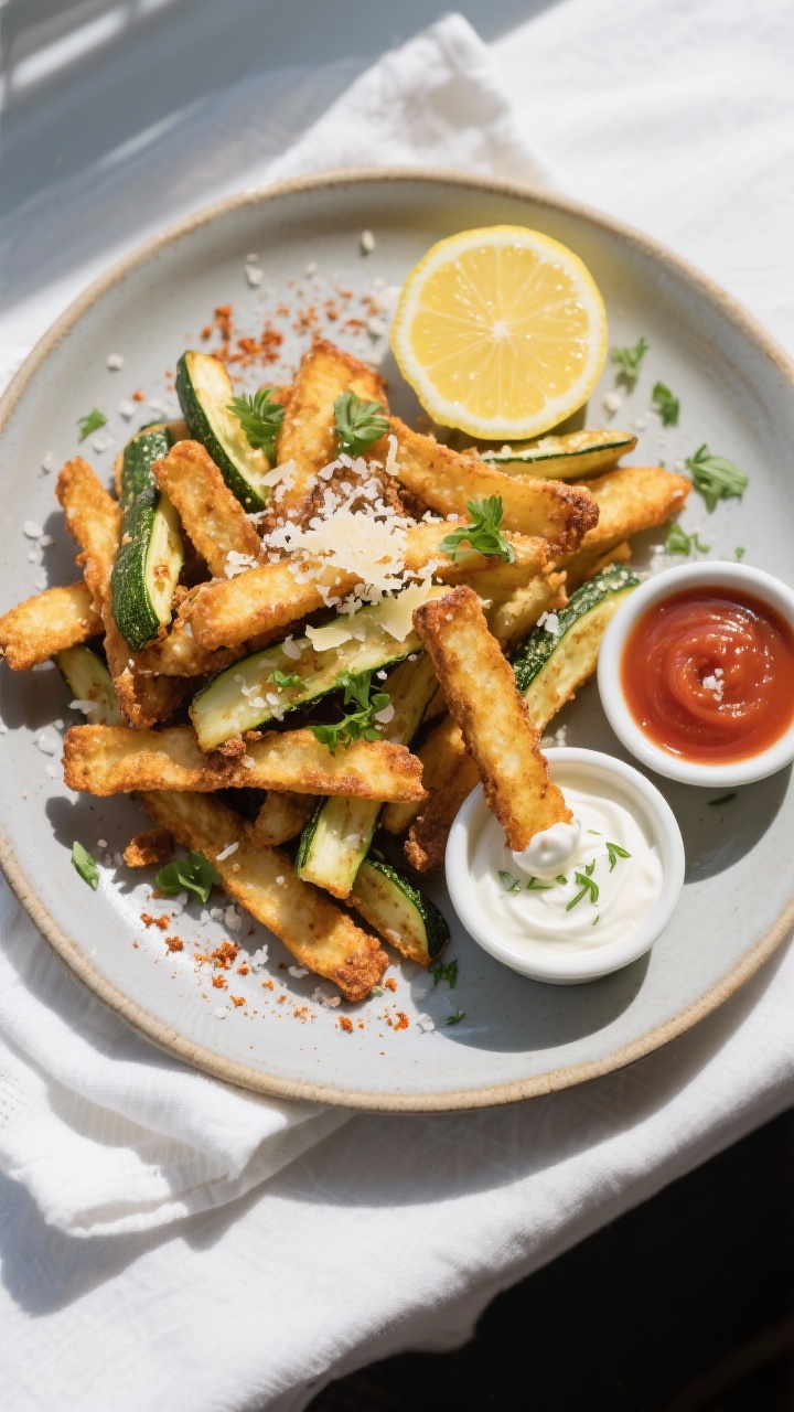 Final dish, overhead: Tasty top-down shot of a shallow ceramic platter piled with baked zucchini fri