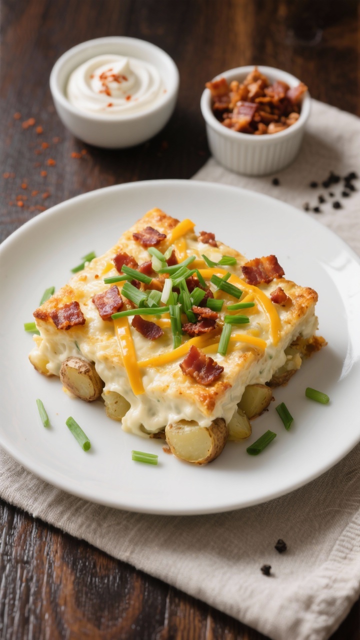 Final dish, overhead top view – Beautifully plated square of loaded baked potato casserole on a ma