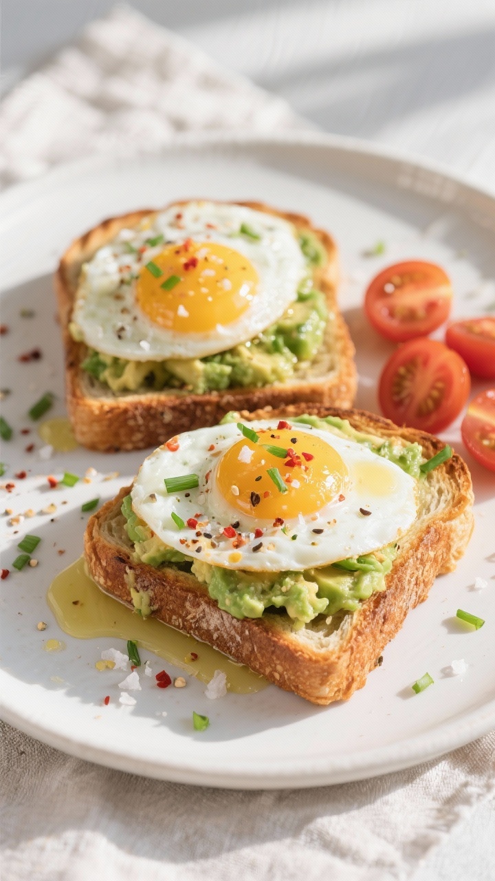 Final dish overhead: Two slices of thick, golden-crisp sourdough avocado toast topped with perfectly