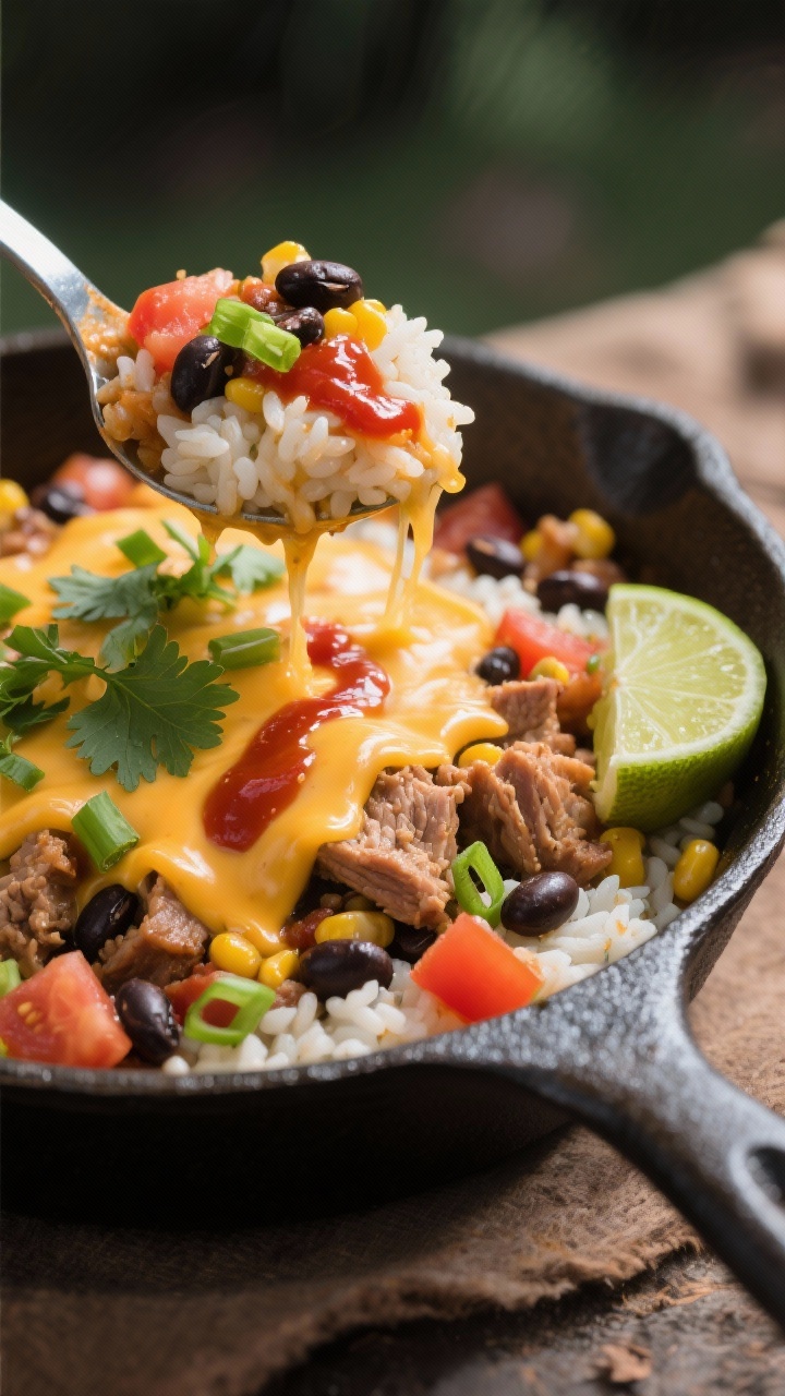 Final dish — Southwest skillet bowl: close-up detail of a ladleful just served from the pot into a