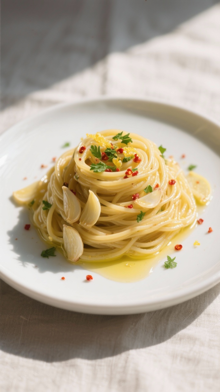 Final dish – Spaghetti Aglio e Olio overhead: Tasty top view of a neatly twirled nest of spaghetti